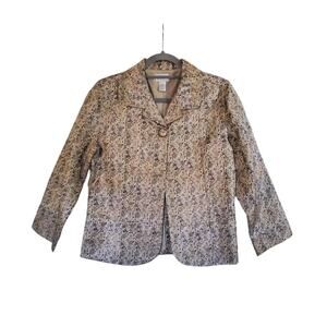 Chico's Gold Blue Taupe Satin Brocade Metallic 1-Button Lightweight Jacket Small